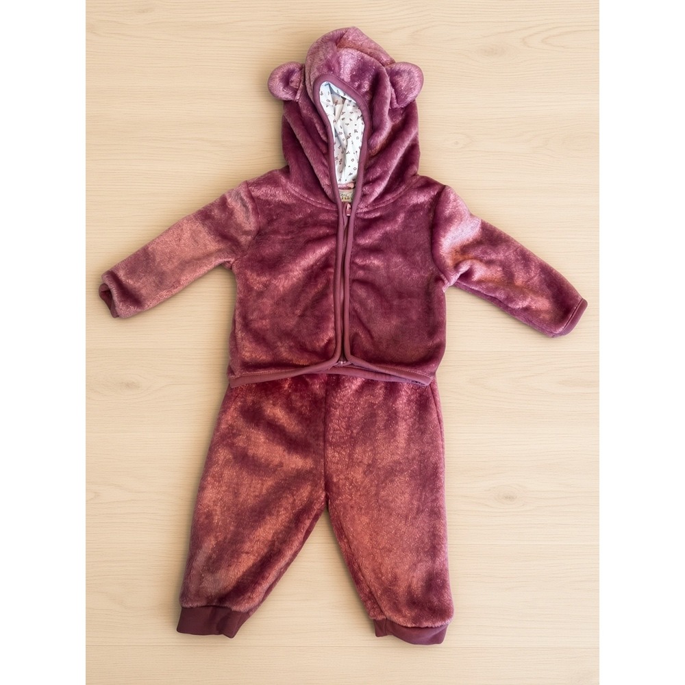 Rene Rofe Baby 3-6M Plush Bear Hoodie 2 Piece Set Mauve Berry Outfit